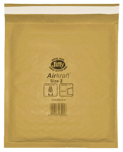 Box of 100 Gold Jiffy Airkraft Bubble Envelopes Size 2 205mm x 245mm
