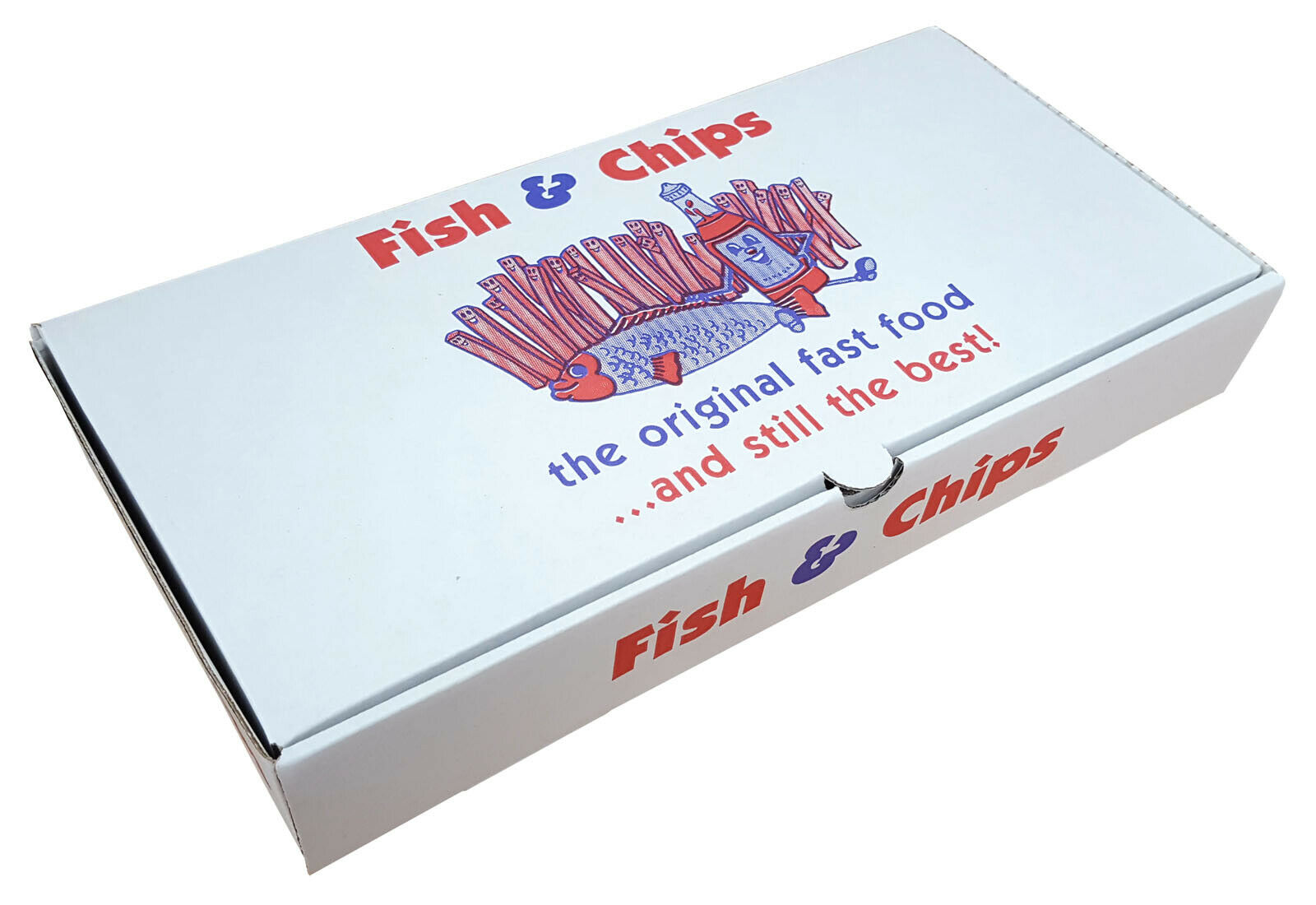 Fish and Chips-Chippy Takeaway Box Printed Die Cut Boxes 12" x 6" x 2" 