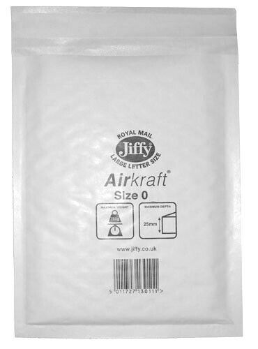 Box of 100 White Jiffy Airkraft Bubble Envelopes Size 0 140mm x 195mm