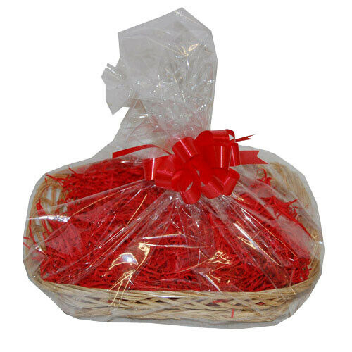 Brown Willow Tray & DIY Hamper Kit with Red Shred 400 mm length x 300 mm wide x 100 mm high Your Gift Basket Red Bow and Clear Gift Wrap 